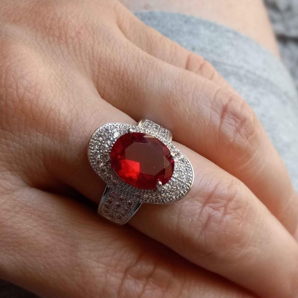 New 925 Silver Oval Cut Ruby Diamond Ring for Women - Picture 8 of 10